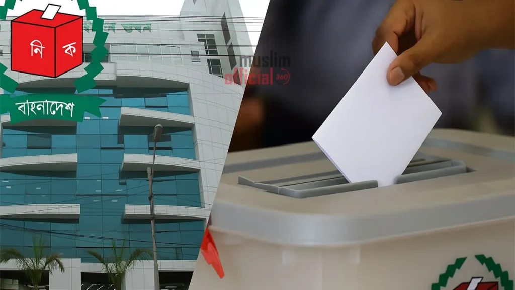 বাংলাদেশ নির্বাচন কমিশন ভবন ও ব্যালট বাক্সে ভোট প্রদান দৃশ্য, ২০২৬ সালের জাতীয় নির্বাচন আয়োজনের প্রতীকী চিত্র