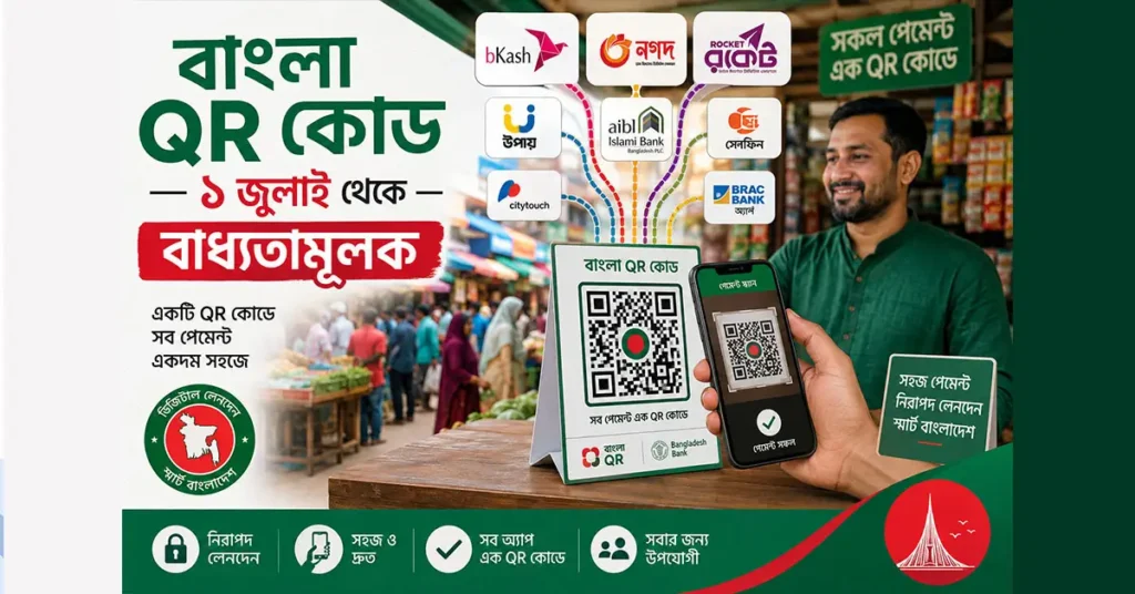 Bangla QR কোড ব্যবহার করে একটি দোকানে ডিজিটাল পেমেন্টের দৃশ্য